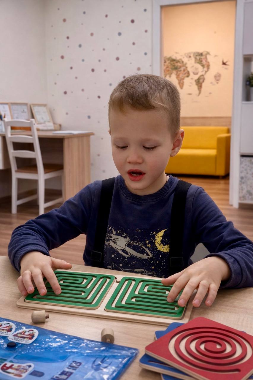 Малыш играет с деревянным лабиринтом для развития мелкой моторики